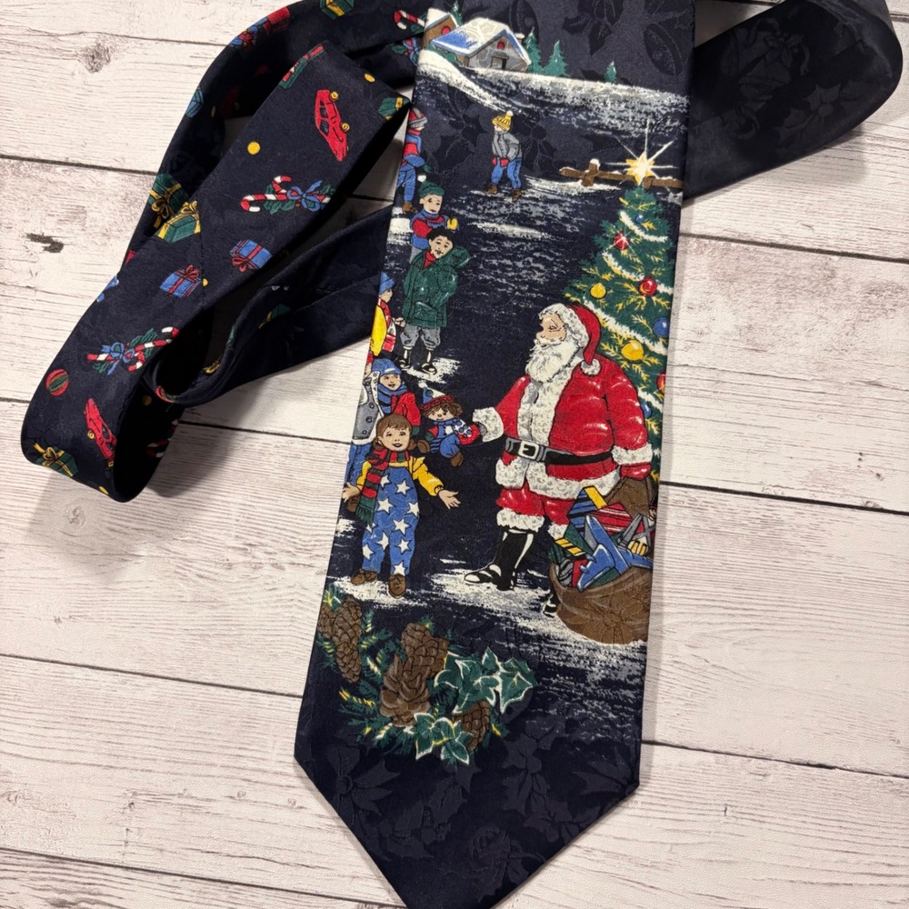 Town Craft Mens Navy Blue Silk Christmas Santa Claus Holiday Necktie Tie
